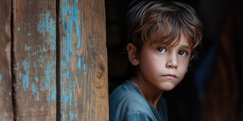Fototapeta premium Youthful Gaze from Rustic Abode. Young sad lonely boy peering from a weathered wooden window, innocence, poverty, curiosity.