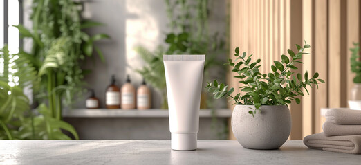 Blank Tube on Table at Bathroom, Cosmetic Mockup Concept of Skin Care and Cosmetic Advertising