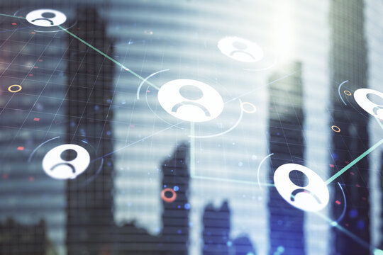 Abstract virtual social network concept on office buildings background. Multiexposure