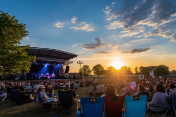 An open-air concert venue with attendees enjoying music under a twilight blue sky, Generative AI