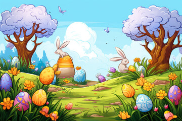 Fototapeta na wymiar Drawn card with Easter eggs, trees and two bunnies. The concept of celebrating Easter, the arrival of spring. Еmpty space for text. 
