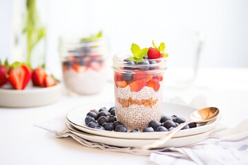 acai chia pudding with acai berries, silver spoon