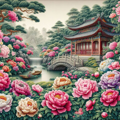 Peony garden lacquer painting, created by AI generated