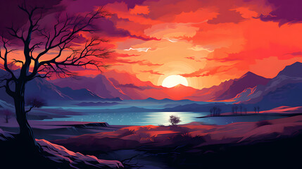 mountain landscape with sunset in cool natural colors