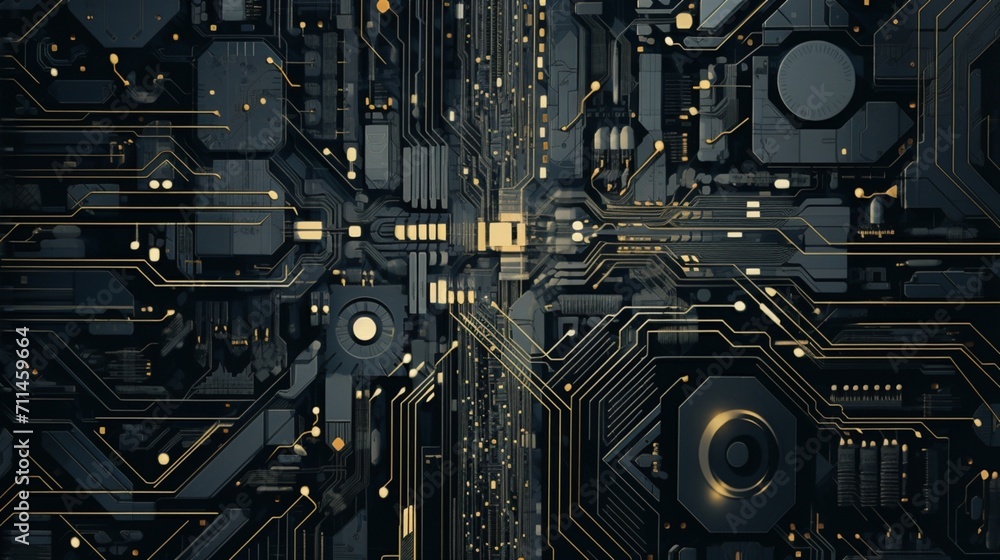 Poster an intricately designed and detailed circuit board artwork depicting futuristic technology, precise 