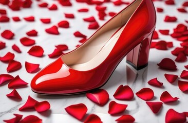 Red women's shoes on white marble, roses and rose petals are lying next to them. A place for the text. Holiday card, wedding background, valentine's day.