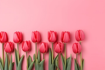Fototapeta premium Many red tulips arranged in a row on a plain background.