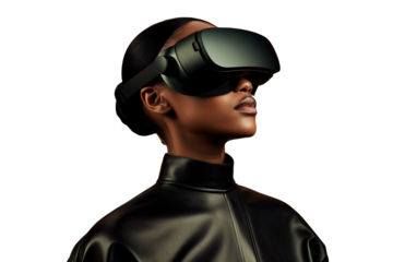 A black woman using virtual reality headset, isolated on transparent background.