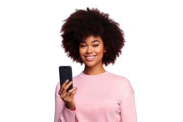 Portrait of a smiling black woman holding smartphone, isolated on transparent background