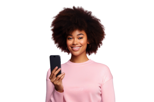 Portrait of a smiling black woman holding smartphone, isolated on transparent background