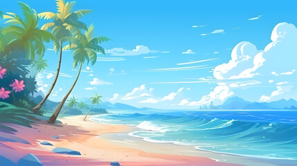 Fototapeta na wymiar beach with palm trees in summer, illustration background