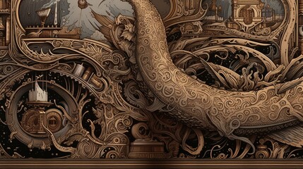 An intricately designed and meticulously crafted fantasy book cover featuring elaborate illustrations, mythical creatures, - Generative AI