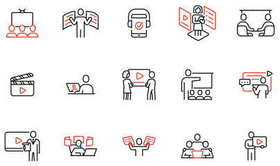 Vector set of linear icons to adversing promotion, video content editing and user experience. Mono line pictograms and infographics design elements