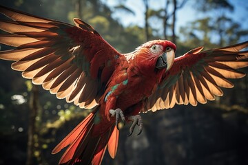 A vibrant macaw soars through the endless blue sky, its majestic wings and striking red feathers a symbol of freedom and grace