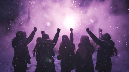 Fototapeta na wymiar Photograph of a group of women closing fist of up high in a winter park snowing. Purple smoke color palette. Women's day. 8M