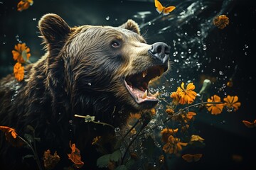 A majestic brown bear frolics amidst a sea of fluttering butterflies in the tranquil setting of an outdoor aquarium, showcasing the captivating beauty of marine life and wildlife