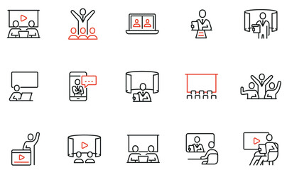 Vector set of linear icons to adversing promotion, video content, streaming and video communication. Mono line pictograms and infographics design elements - obrazy, fototapety, plakaty