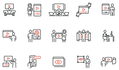 Vector set of linear icons to creation, video content editing, user experience and video settings. Mono line pictograms and infographics design elements