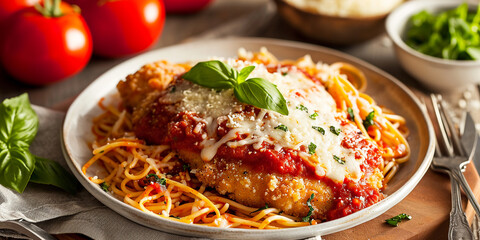 Italian chicken parmesan cooked with cheese and sauce