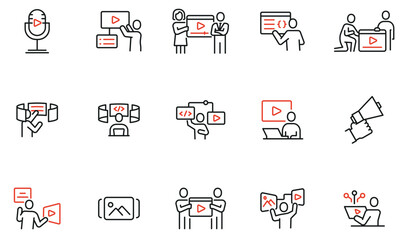 Vector set of linear icons to creation, video content editing, user interface and video settings. Mono line pictograms and infographics design elements
