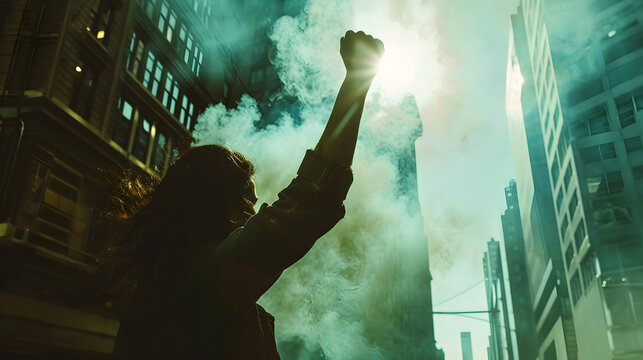 Photograph of a woman silhouette closing fist of up high in a city street. White smoke color palette. Women's day. 8M