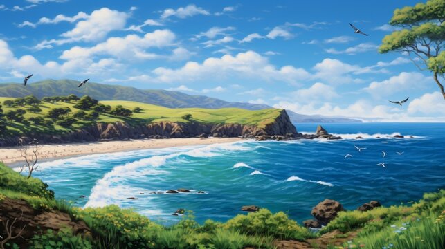 An intricately detailed coastal scene depicting a serene bay, gentle waves kissing pebbled shores, a secluded cove surrounded by verdant cliffs - Generative AI