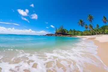 Fototapeta premium Panoramic view of a beach paradise under a brilliant blue sky and gentle ocean waves, Generative AI