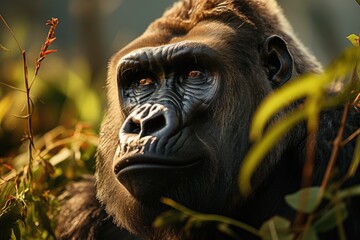 A majestic mountain gorilla gazes directly at the camera, surrounded by lush green foliage and the untamed beauty of the outdoors
