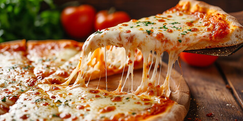 Fresh pizza slice pulled with cheese