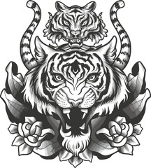 Fototapeta premium A sketch of a roaring tiger's face and dragon in black and white.