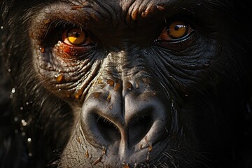 A curious chimpanzee peers into the camera, its intelligent eyes reflecting the untamed wilderness and innate connection to our primate ancestors - obrazy, fototapety, plakaty