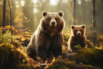 A majestic kodiak bear and its curious cub explore the lush forest, their brown fur blending seamlessly with the surrounding trees as they roam freely in their natural habitat