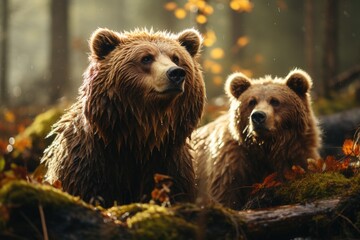 Two majestic brown bears roam the colorful autumn woods, their snouts sniffing for prey as they embrace their wild nature away from the confines of the zoo