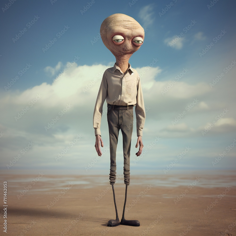 Poster funny cartoon man standing with short torso generative ai