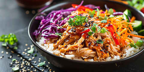 delicious stewed chicken with colorful vegetables on rice in a bowl - obrazy, fototapety, plakaty