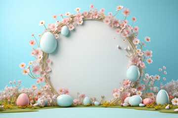 A circle decorated with delicate flowers and Easter eggs on a blue background. The concept of celebrating Easter, the arrival of spring. Еmpty space for text.
