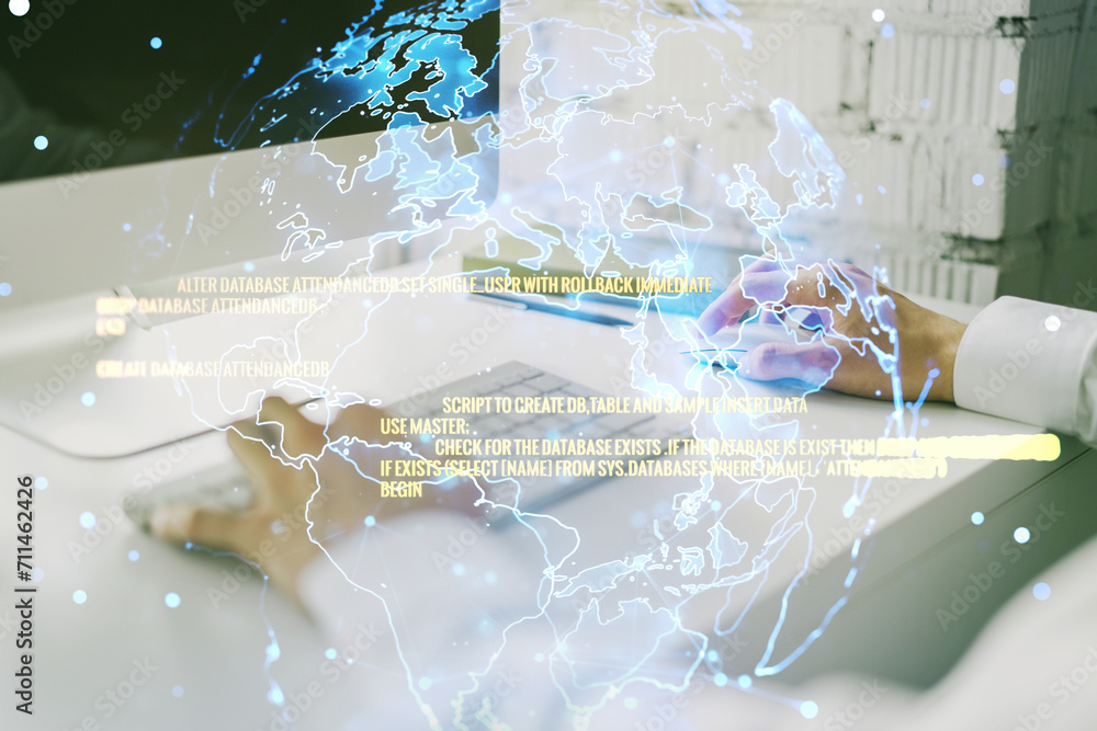 Poster multi exposure of abstract software development hologram with world map and hands typing on computer