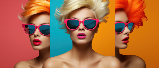 Vibrant Trio: Artistic sight of a group of three beautiful fashion model women showcasing their bright colored hair and trendy sunglasses in a visually striking manner