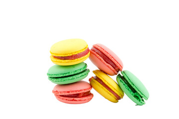 Sweet and colourful french macaroons or macaron on white background, Dessert.