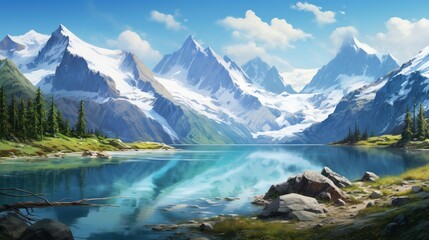 Fototapeta na wymiar An intricately detailed mountain panorama, capturing a crystal-clear alpine lake amidst towering peaks - Generative AI