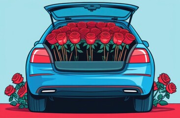 Blue retro car delivers a box with a bouquet of flowers. A postcard for February 14th, Valentine's Day. Flower delivery. March 8. Cartoon illustration.
