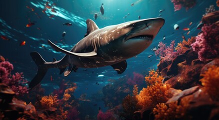 A majestic shark gracefully glides through the vibrant underwater world, its softfinned body a...