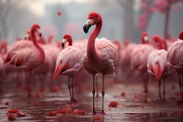 A flock of elegant greater flamingos gather together, their vibrant pink feathers contrasting against the cool blue water as they stand tall and proud on the wet ground