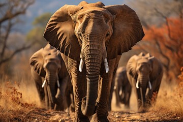 Fototapeta na wymiar A majestic herd of african, indian, and asian elephants traverse the rugged terrain, their magnificent tusks glistening in the sun, as they journey through the wild savannah on a breathtaking safari 