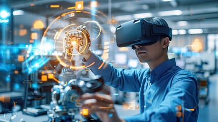 engineer in a virtual reality headset using a controller and a robot arm.