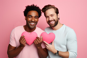 Happy love Two men making a heart shape with their hands, isolated on pink studio background - obrazy, fototapety, plakaty