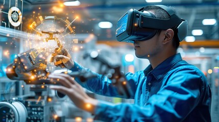 engineer in a virtual reality headset using a controller and a robot arm.