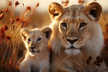 A majestic lioness and her playful cub roam freely in the wild, their powerful bodies and intricate fur blending perfectly with the rugged terrain as they bask in the golden glow of the savannah