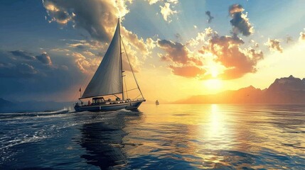 Sailboat in the sea in the evening sunlight, summer adventure, active vacation