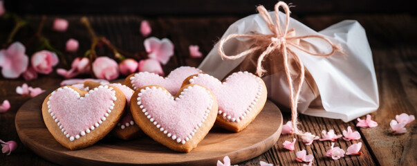 Heart shaped cookies icing for Valentine's day delicious homemade natural pastry, baking with love for Valentines day, love concept